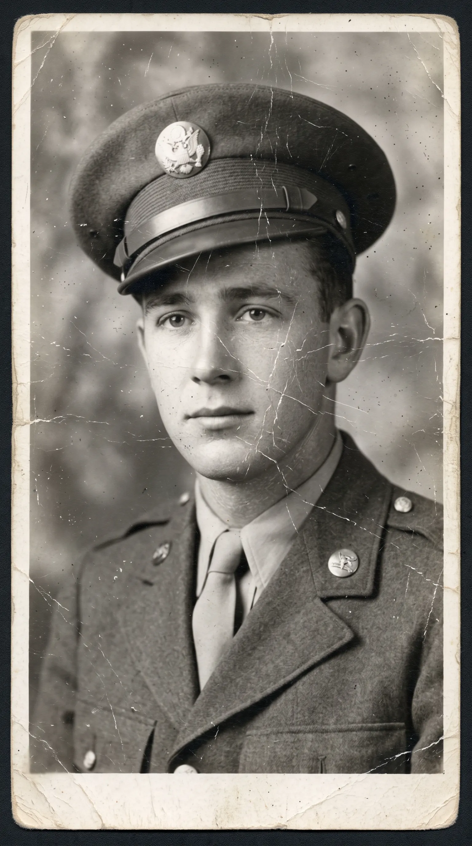 1940s portrait of a young man in military uniform covered in fine scratches and dust