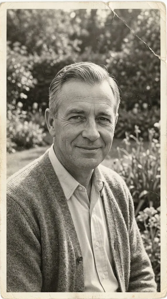 Scratched black-and-white 1950s portrait of a smiling man in a cardigan in a garden