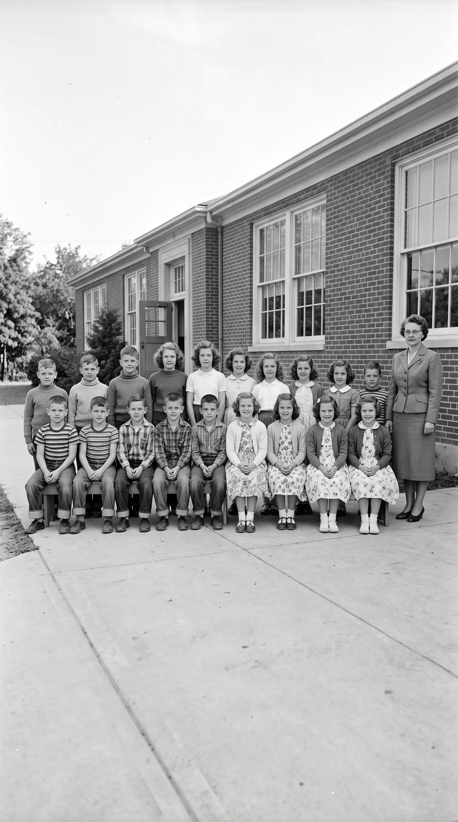 1950s school class photo of about twenty children with small, blurry faces