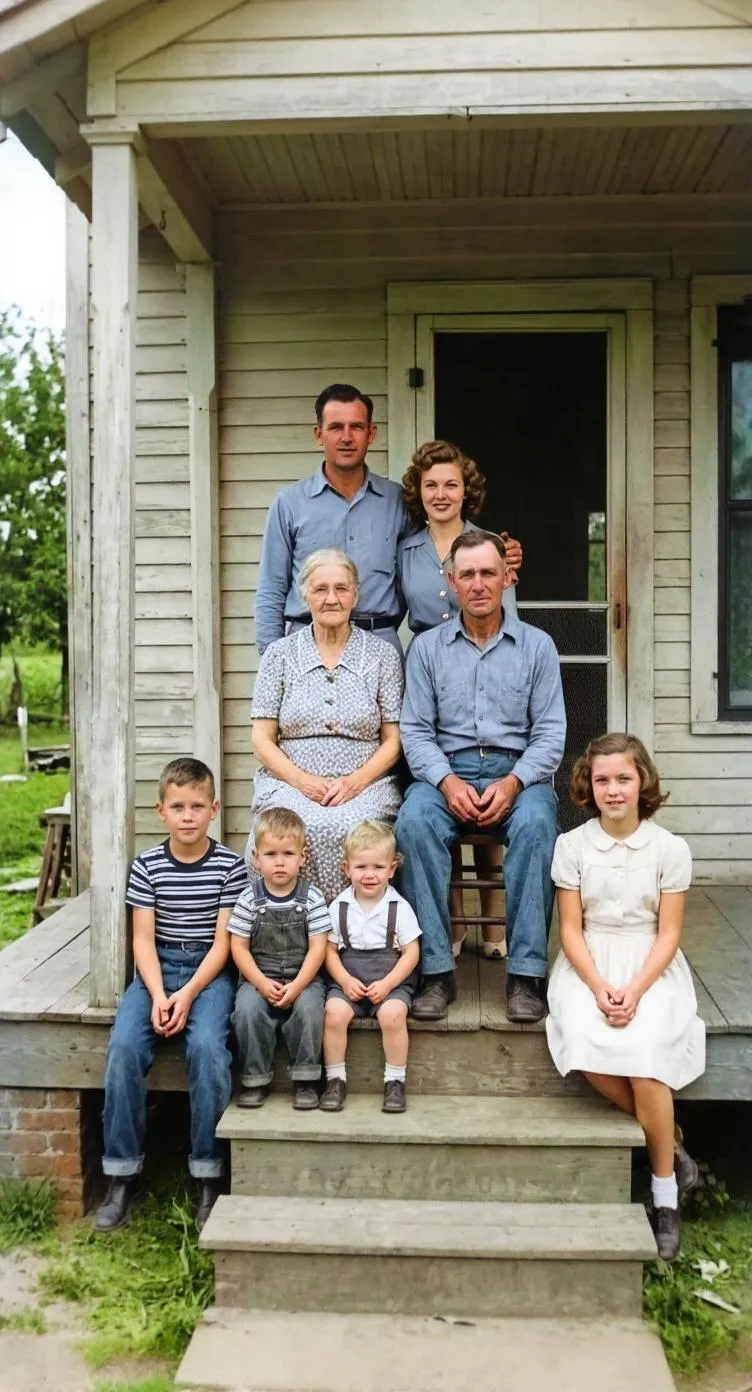 The same three-generation family photo restored and colorized