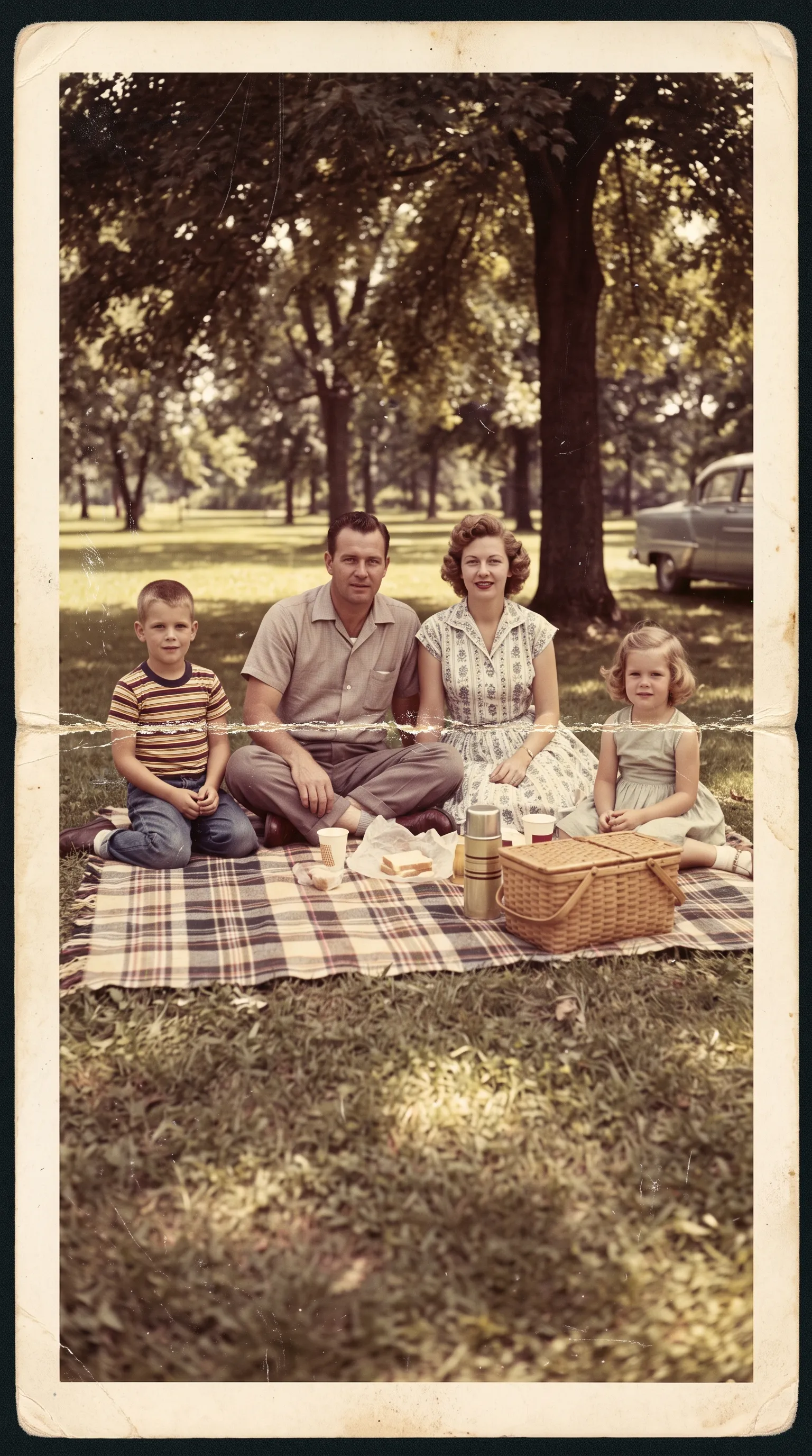 1950s color snapshot of a family picnic with a strong color shift, scratches and a fold line