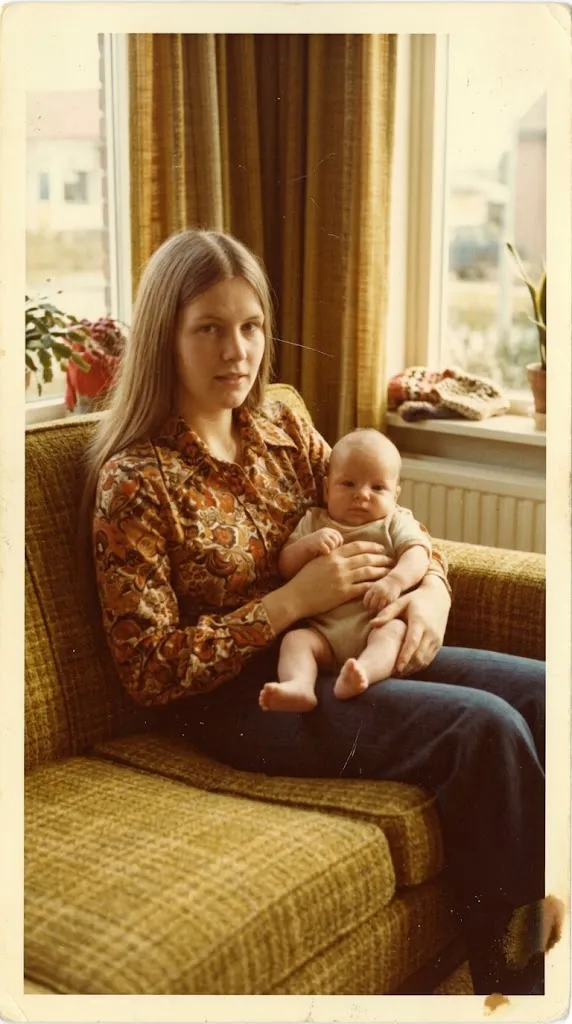 Faded 1970s snapshot of a young mother holding her baby on a sofa, with scratches and a stain
