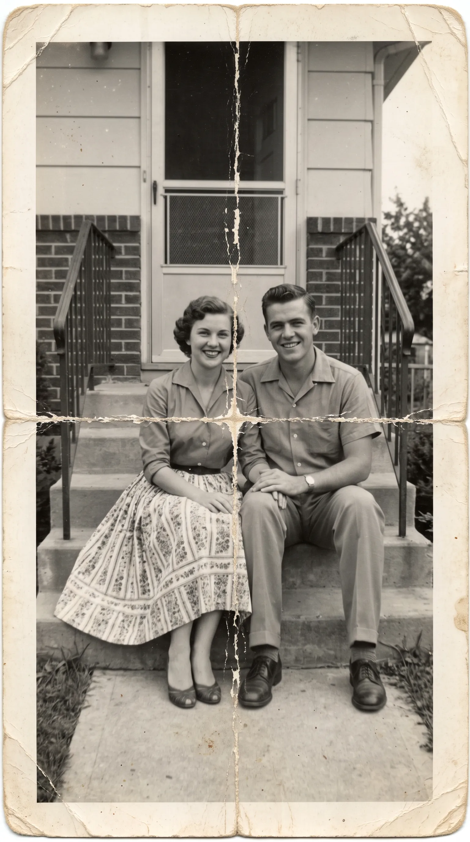 1950s photo of a couple on house steps with two deep creases where it was folded into quarters