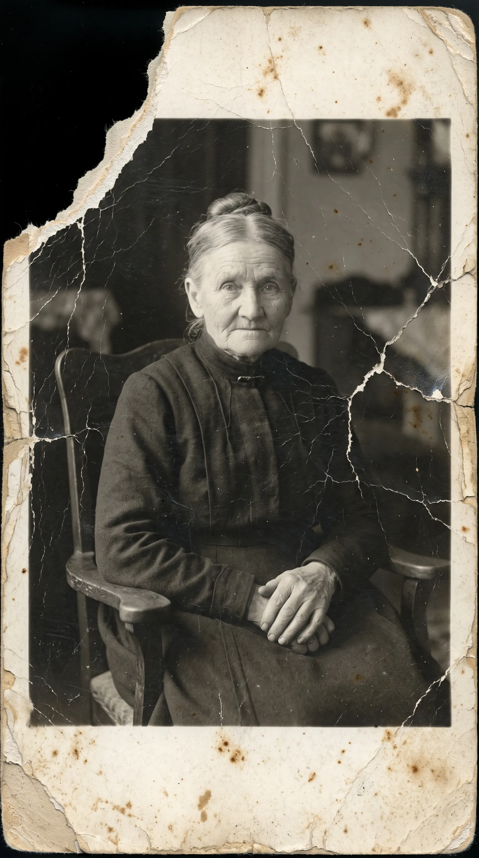 1920s portrait of an elderly woman with cracked emulsion, a missing corner and foxing spots