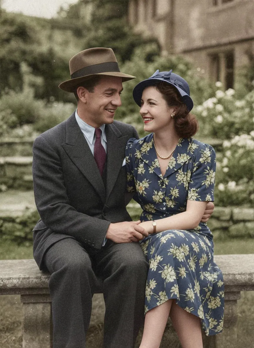 La misma pareja coloreada: el hombre con traje gris oscuro y sombrero marrón y la mujer con vestido azul marino de flores y sombrero azul