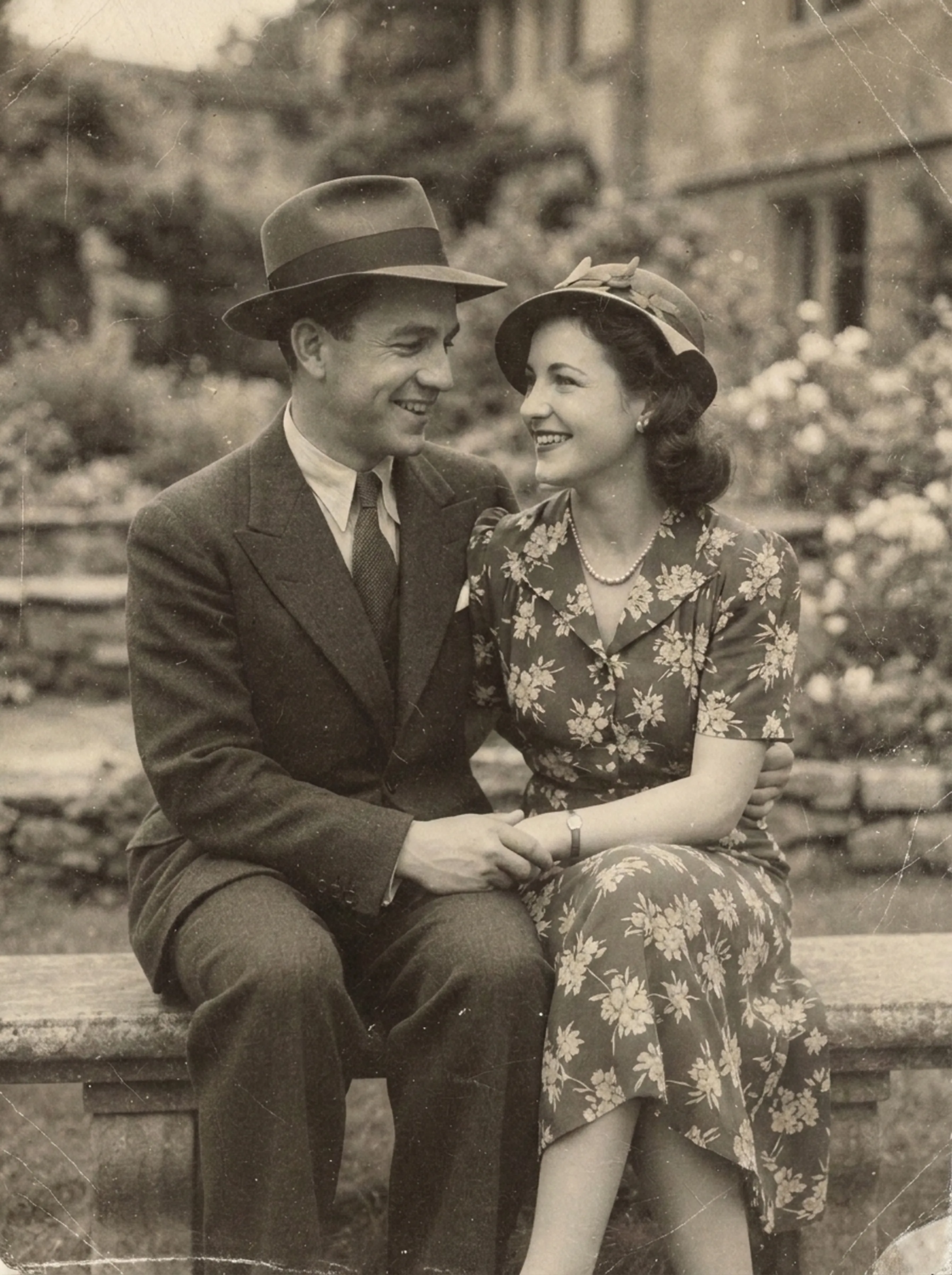 Foto sepia desvaída de una pareja sentada en un banco de piedra en un jardín