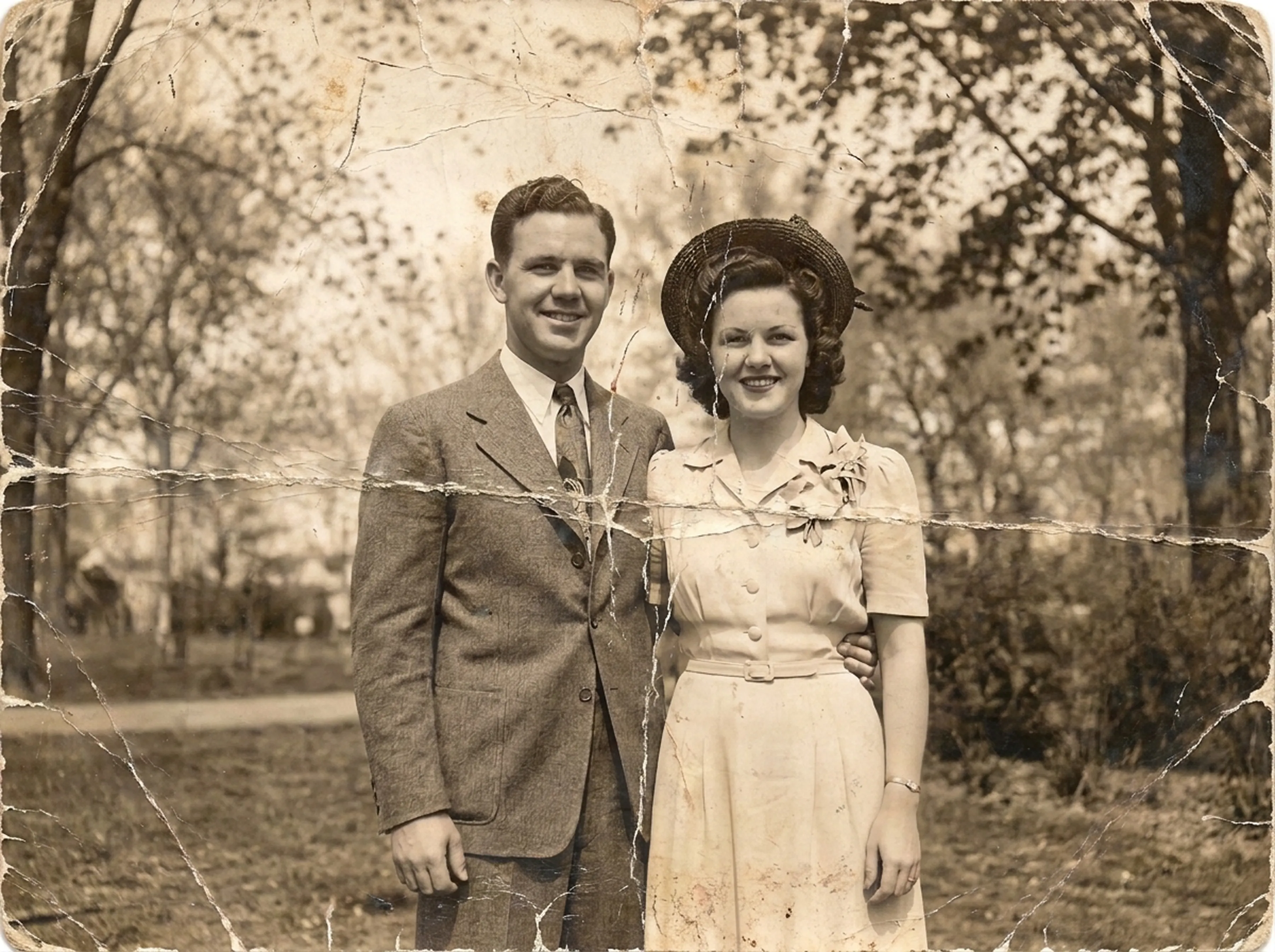 Foto sepia rota y arrugada de una pareja de pie en un parque