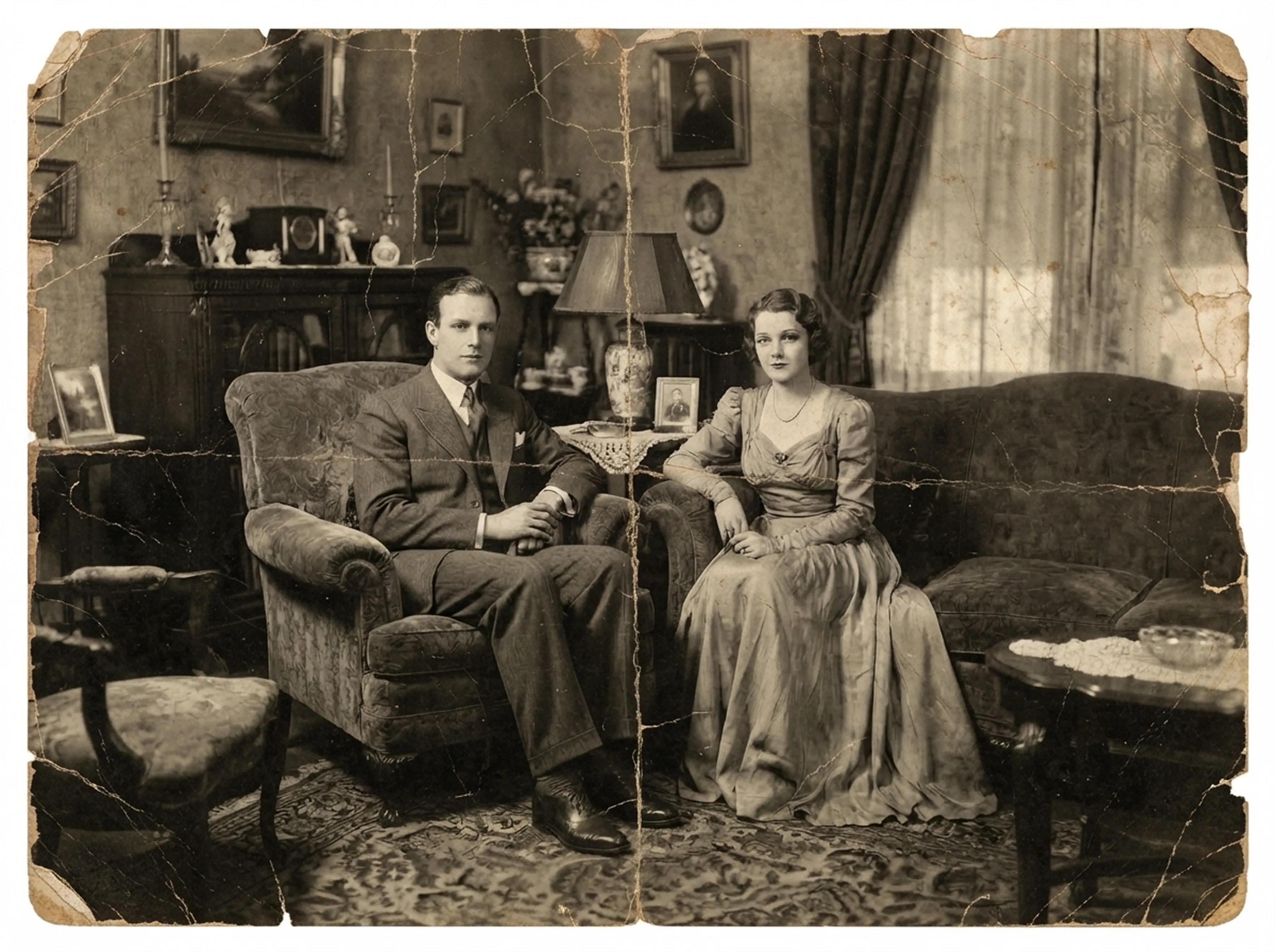 Old, damaged family photo before restoration