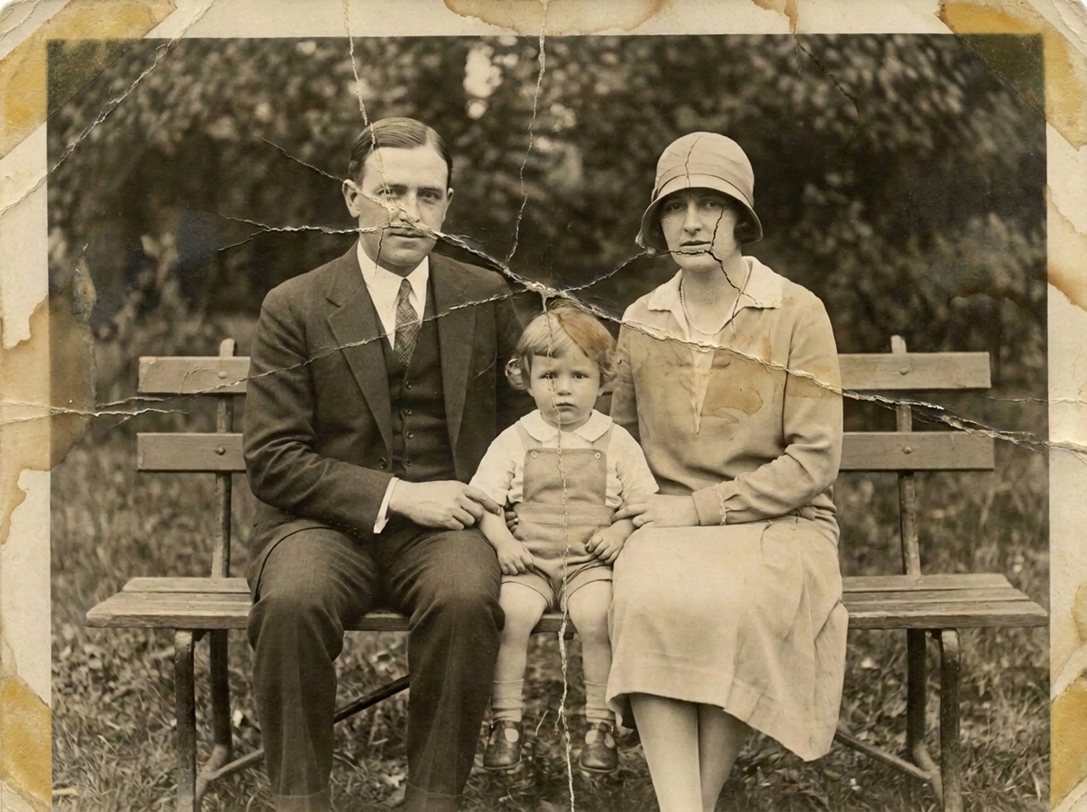 Old photo covered in scratches, dust and creases