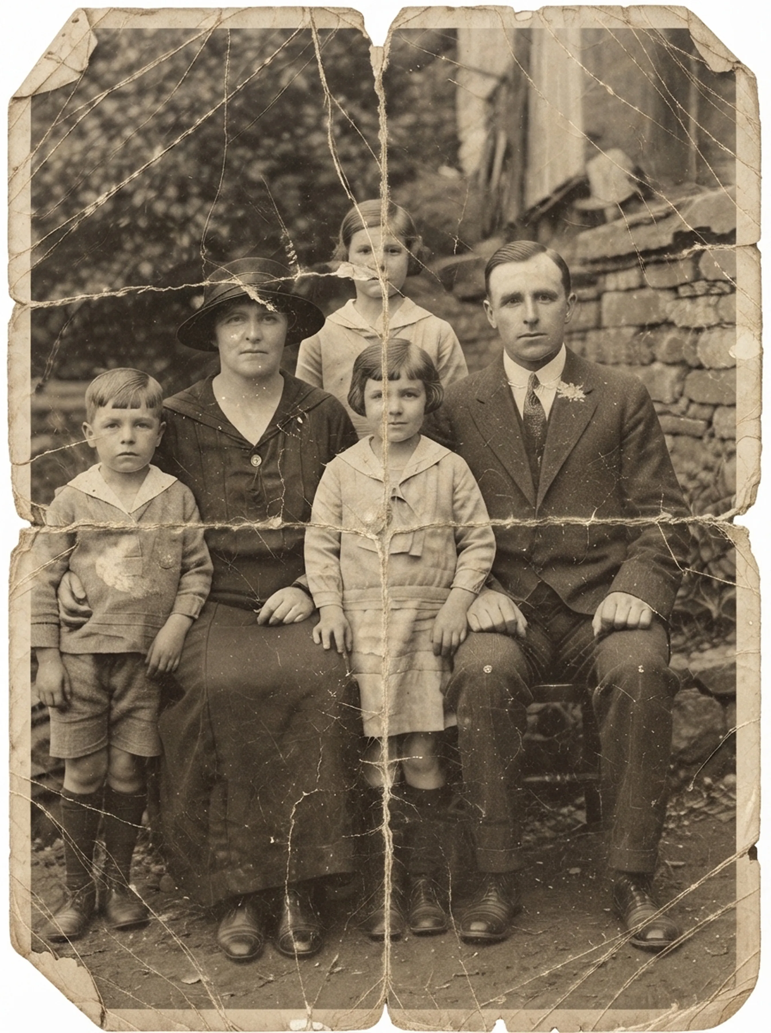 Foto en blanco y negro rota y doblada de una familia de cinco personas
